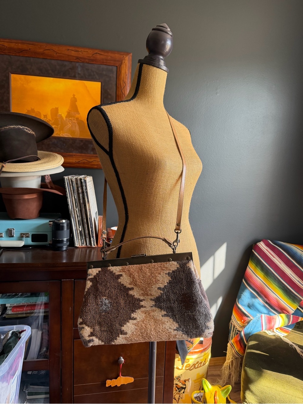 Handwoven Brown Geometric Crossbody Bag with Metal Opening